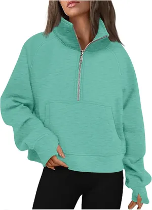 Hoodies Sweatshirts for Women 2024 Casual Long Sleeve Cropped Tops Loose Full and Half Zip up Hooded Sweatshirt with Pocket