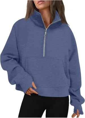 Hoodies Sweatshirts for Women 2024 Casual Long Sleeve Cropped Tops Loose Full and Half Zip up Hooded Sweatshirt with Pocket