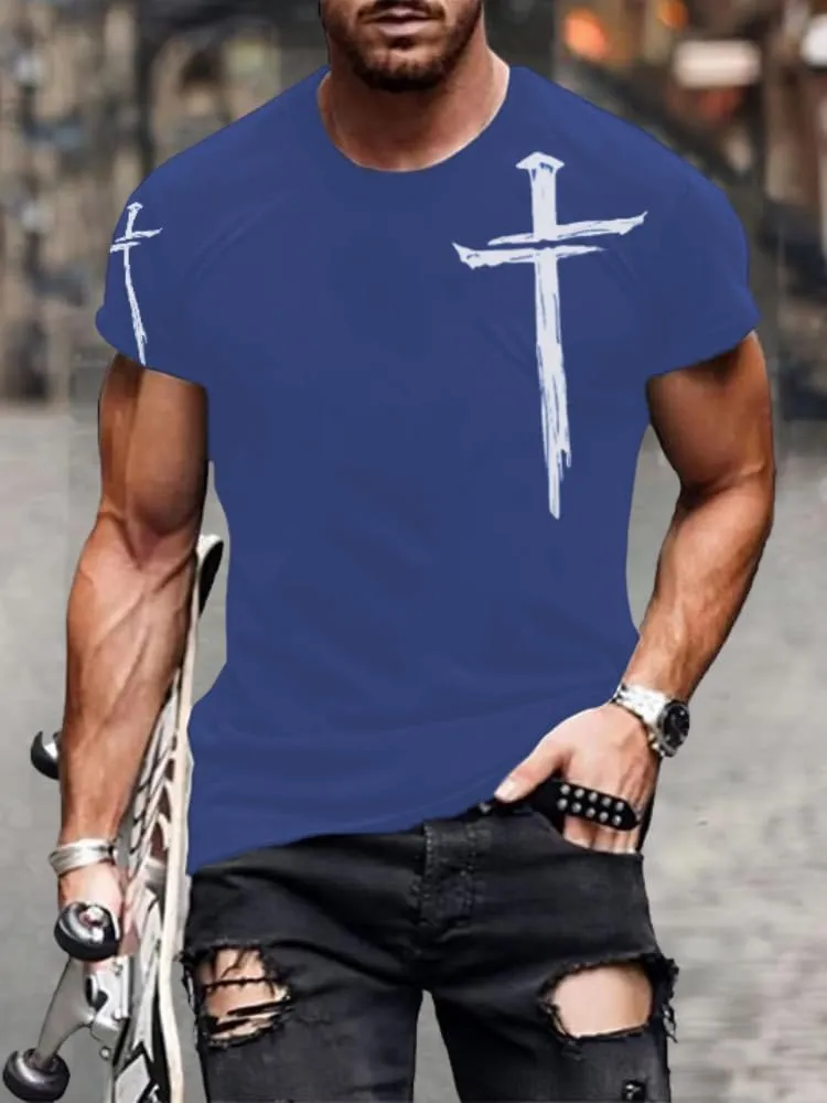 HOTYD Mens Graphic T-Shirts Jesus Cross Vintage Print Casual Faith T-Shirts Summer Short Sleeve Crew Neck Christian Tops