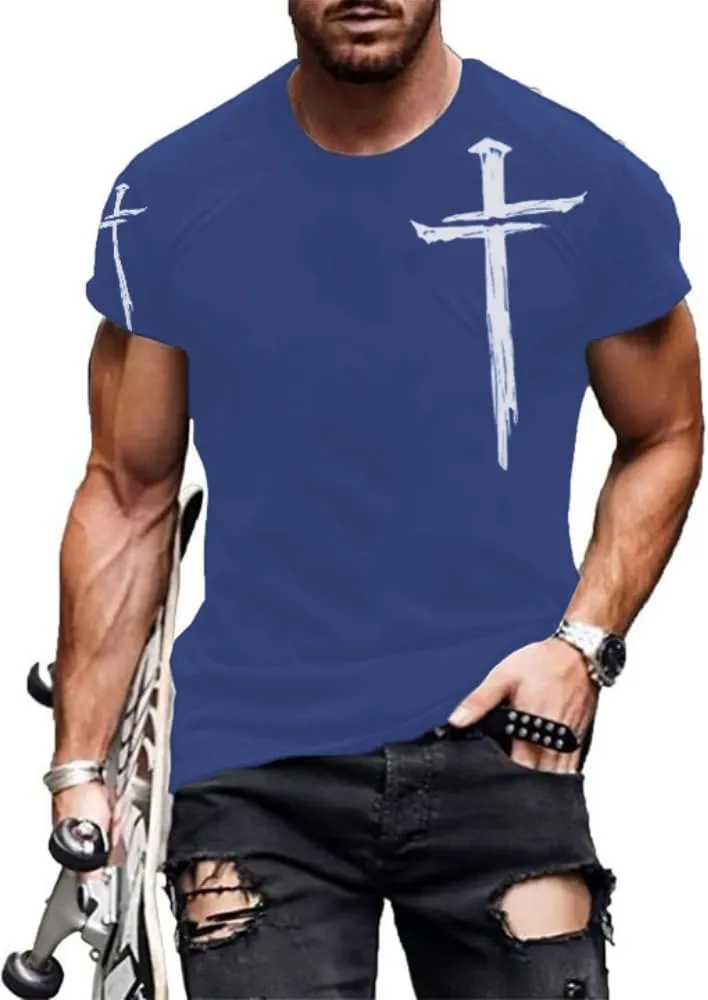 HOTYD Mens Graphic T-Shirts Jesus Cross Vintage Print Casual Faith T-Shirts Summer Short Sleeve Crew Neck Christian Tops