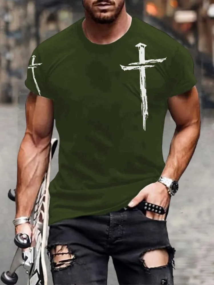 HOTYD Mens Graphic T-Shirts Jesus Cross Vintage Print Casual Faith T-Shirts Summer Short Sleeve Crew Neck Christian Tops