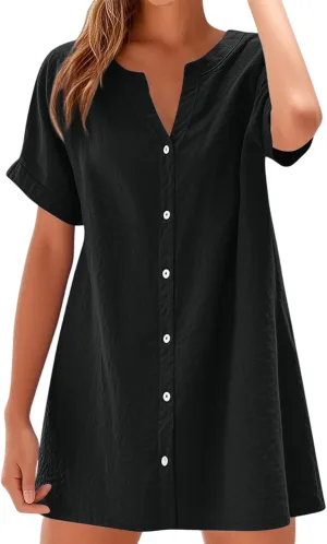 HXHYQKP Summer Linen Dress for Women Trendy Roll Up Short Sleeve Tshirts Button Down Plus Size Cotton Linen Shirt Dresses