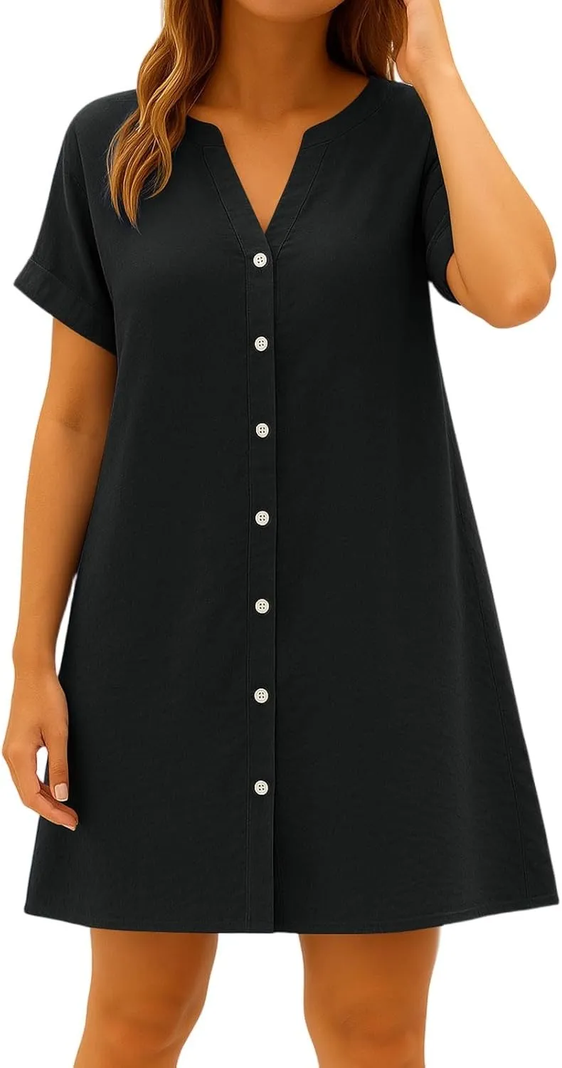HXHYQKP Summer Linen Dress for Women Trendy Roll Up Short Sleeve Tshirts Button Down Plus Size Cotton Linen Shirt Dresses
