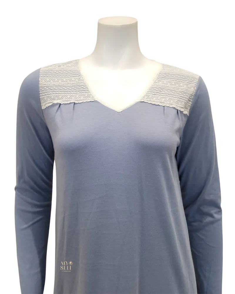 Iora Lingerie V Neck Lace Trim Baby Blue 100% Supima Cotton Nightgown