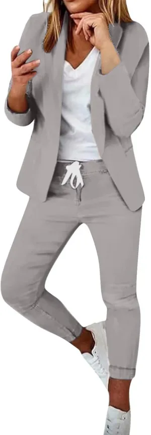 JEGULV Blazer Sets Women 2 Piece Outfits Formal Solid Long Sleeve Blazer and Pants Business Office Suit Sets for Work/Daily