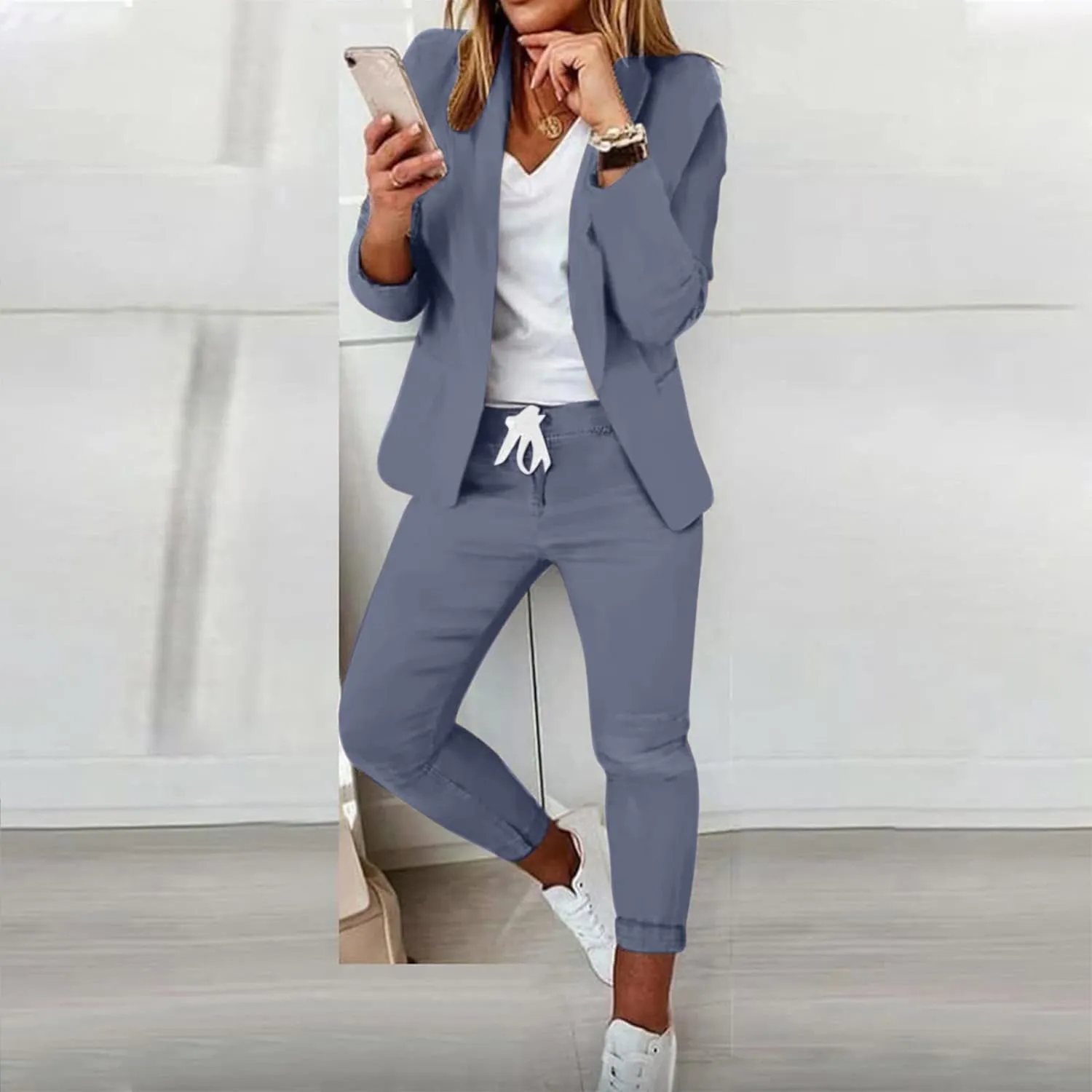 JEGULV Blazer Sets Women 2 Piece Outfits Formal Solid Long Sleeve Blazer and Pants Business Office Suit Sets for Work/Daily