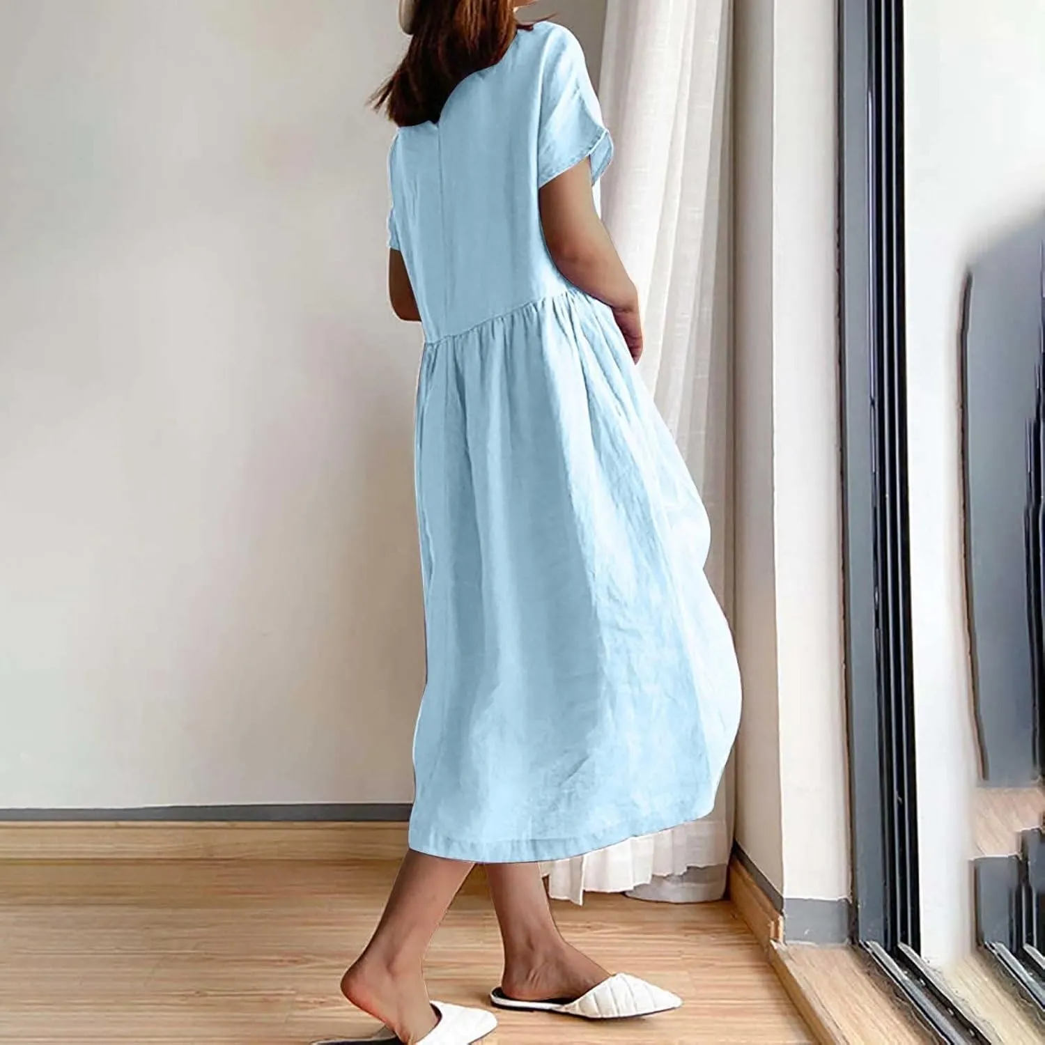 JOAU Women's Summer Cotton Linen Dress, Solid O-Neck Midi Dress with Pocket Short Sleevele Casual Loose Shift Dress