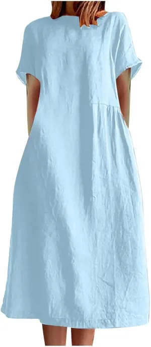 JOAU Women's Summer Cotton Linen Dress, Solid O-Neck Midi Dress with Pocket Short Sleevele Casual Loose Shift Dress