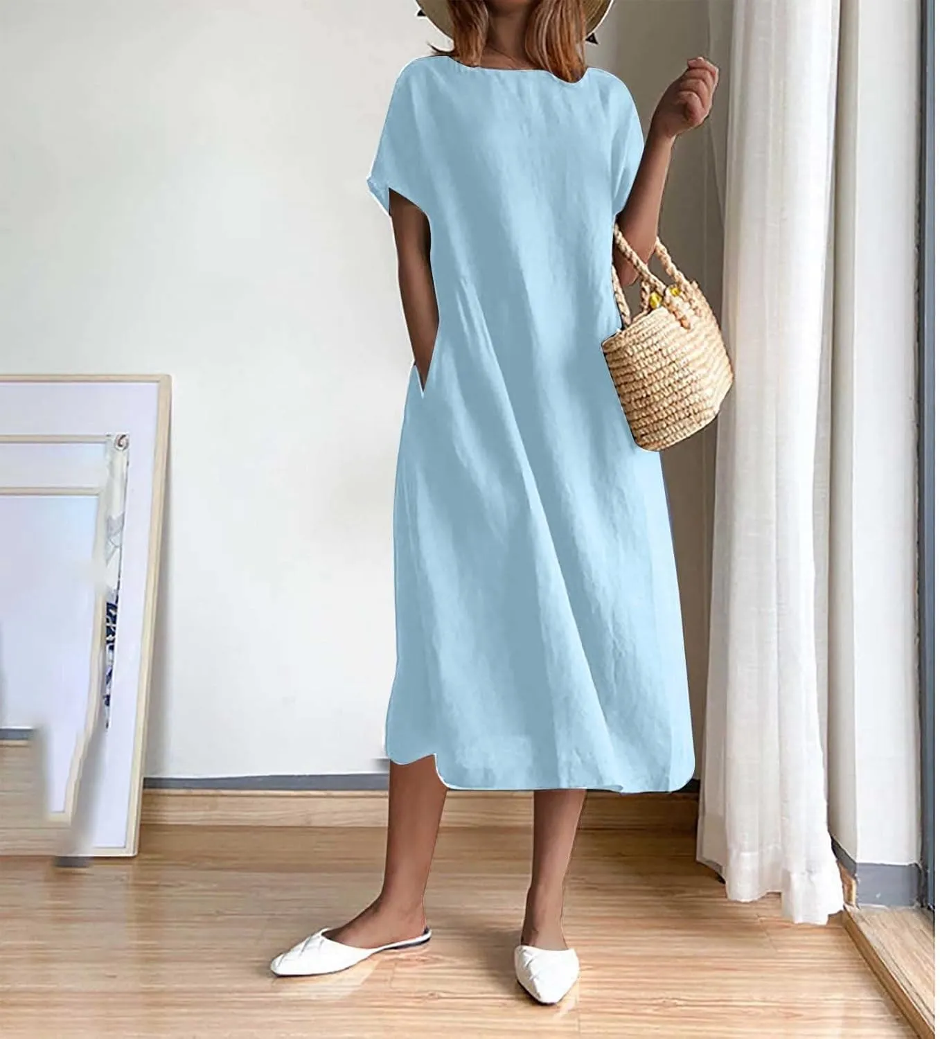 JOAU Women's Summer Cotton Linen Dress, Solid O-Neck Midi Dress with Pocket Short Sleevele Casual Loose Shift Dress