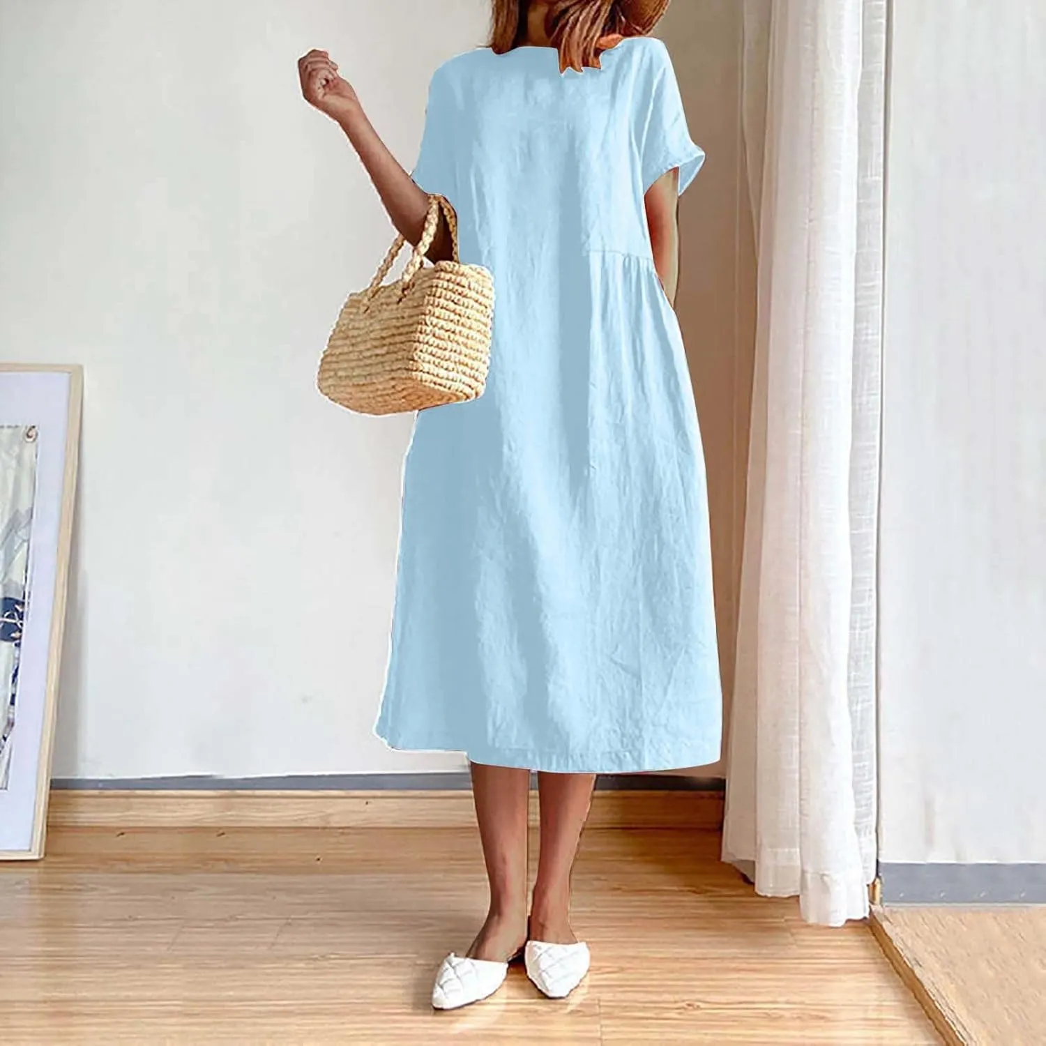 JOAU Women's Summer Cotton Linen Dress, Solid O-Neck Midi Dress with Pocket Short Sleevele Casual Loose Shift Dress