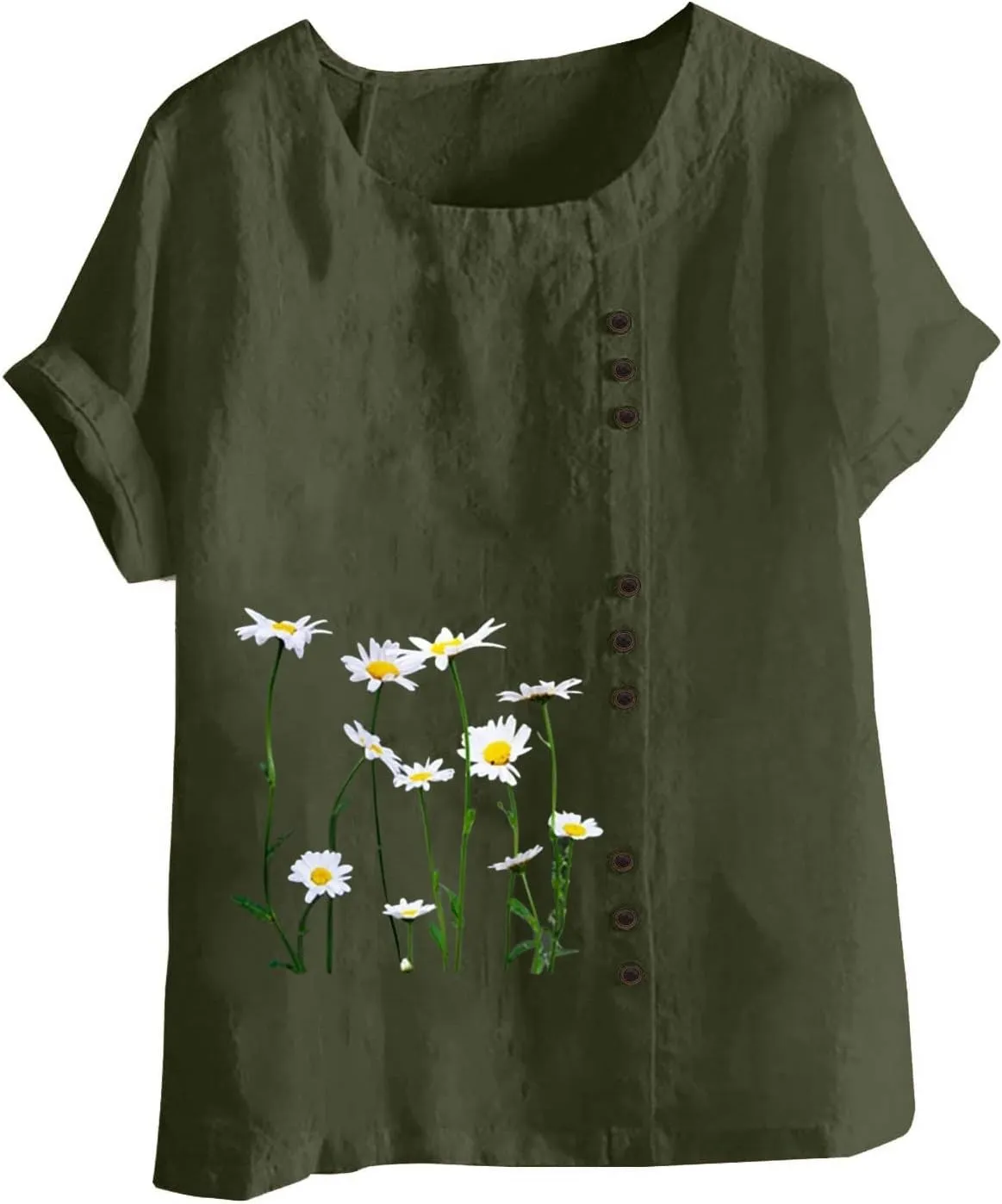 Juniors Tops Short Sleeve Blouses for Women Crew Neck Linen Daisy Floral Loose Fit Long Fall Summer Shirts 2024