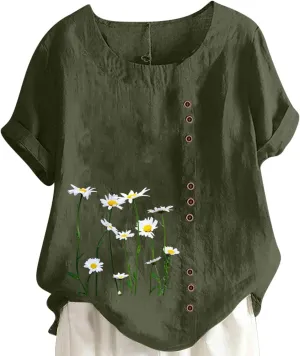 Juniors Tops Short Sleeve Blouses for Women Crew Neck Linen Daisy Floral Loose Fit Long Fall Summer Shirts 2024