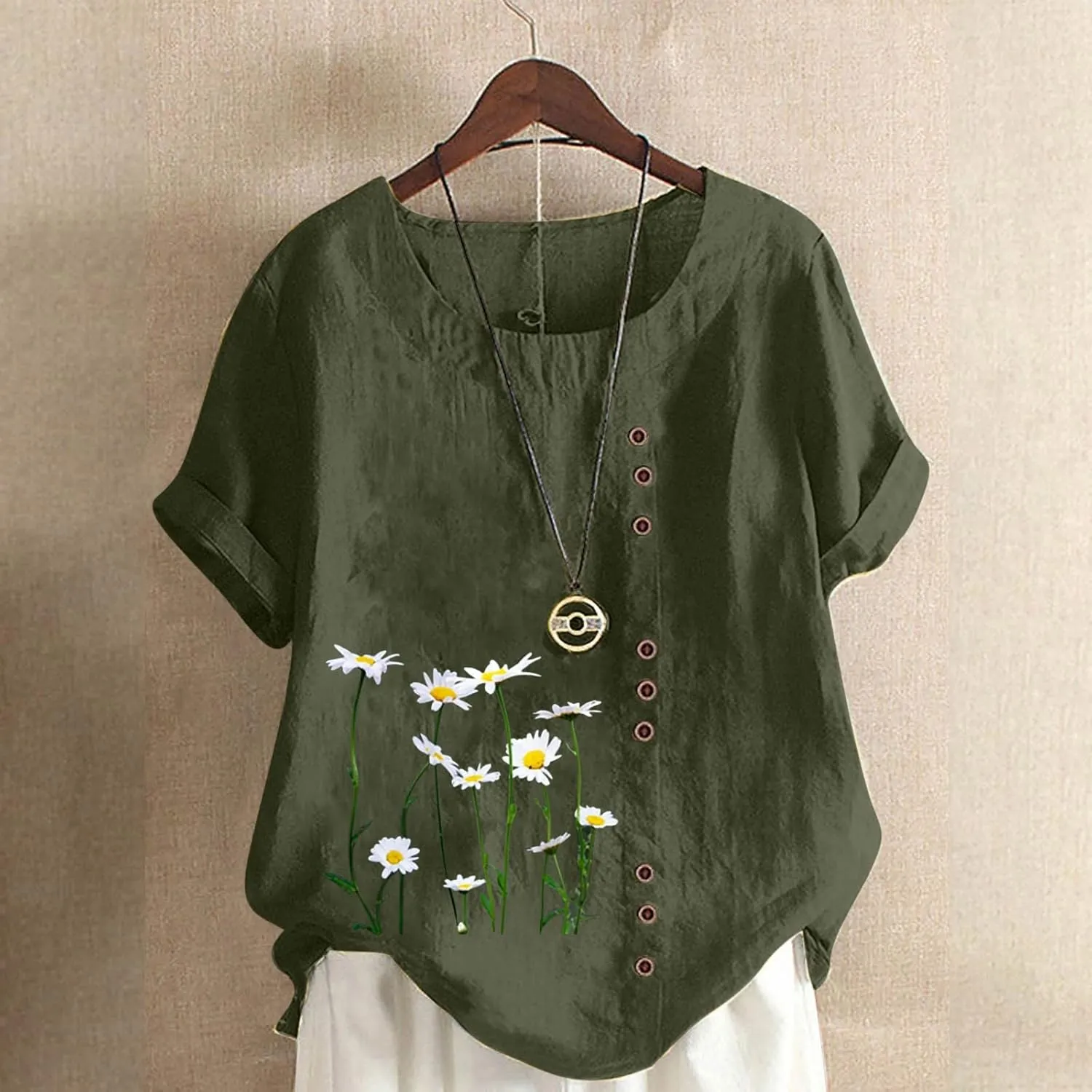 Juniors Tops Short Sleeve Blouses for Women Crew Neck Linen Daisy Floral Loose Fit Long Fall Summer Shirts 2024