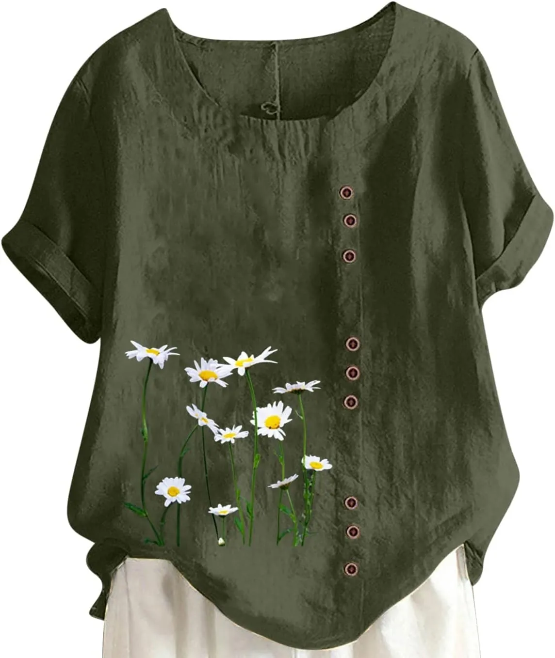 Juniors Tops Short Sleeve Blouses for Women Crew Neck Linen Daisy Floral Loose Fit Long Fall Summer Shirts 2024