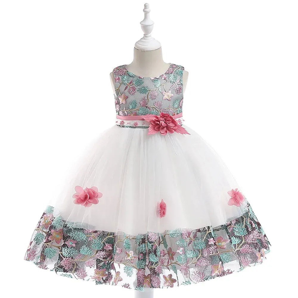Kids Girl Flower Embroidery Summer Birthday Party Dresses