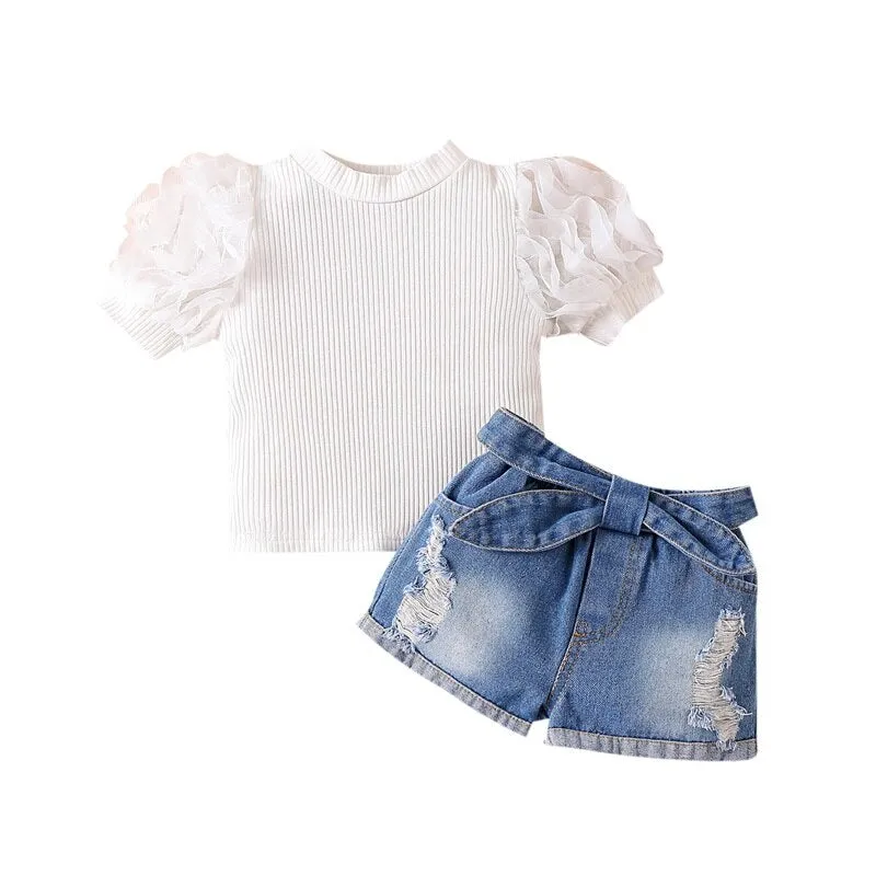 Kids Girl Ribbed Tops Belted Denim Shorts 2Pcs Outfits