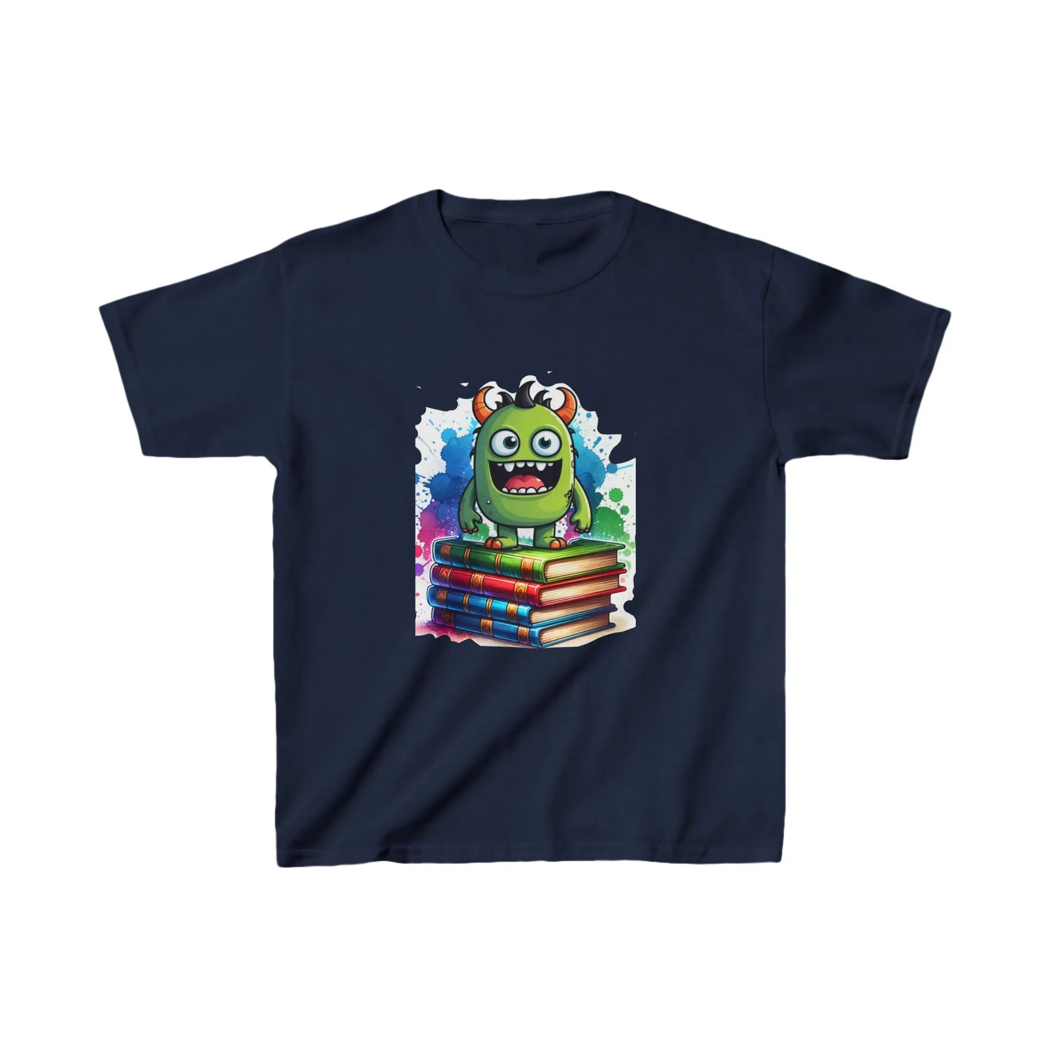 Kids T-Shirt – Cute Green Monster Standing on Books Design Kids Heavy Cotton™ Tee