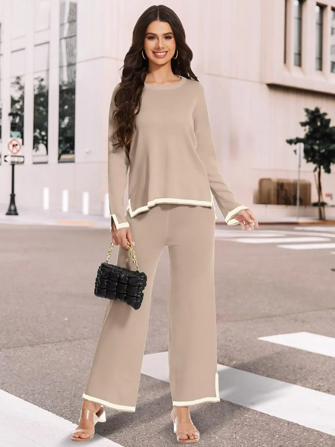Knit Lounge Sets for Women Petite Long Sweater Pajama Sets Sweatsuits 2 Piece Sets Casual Tracksuit Travel Outfits