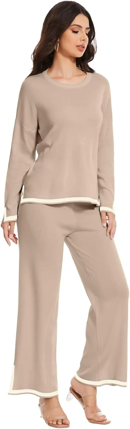 Knit Lounge Sets for Women Petite Long Sweater Pajama Sets Sweatsuits 2 Piece Sets Casual Tracksuit Travel Outfits