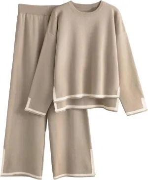 Knit Lounge Sets for Women Petite Long Sweater Pajama Sets Sweatsuits 2 Piece Sets Casual Tracksuit Travel Outfits