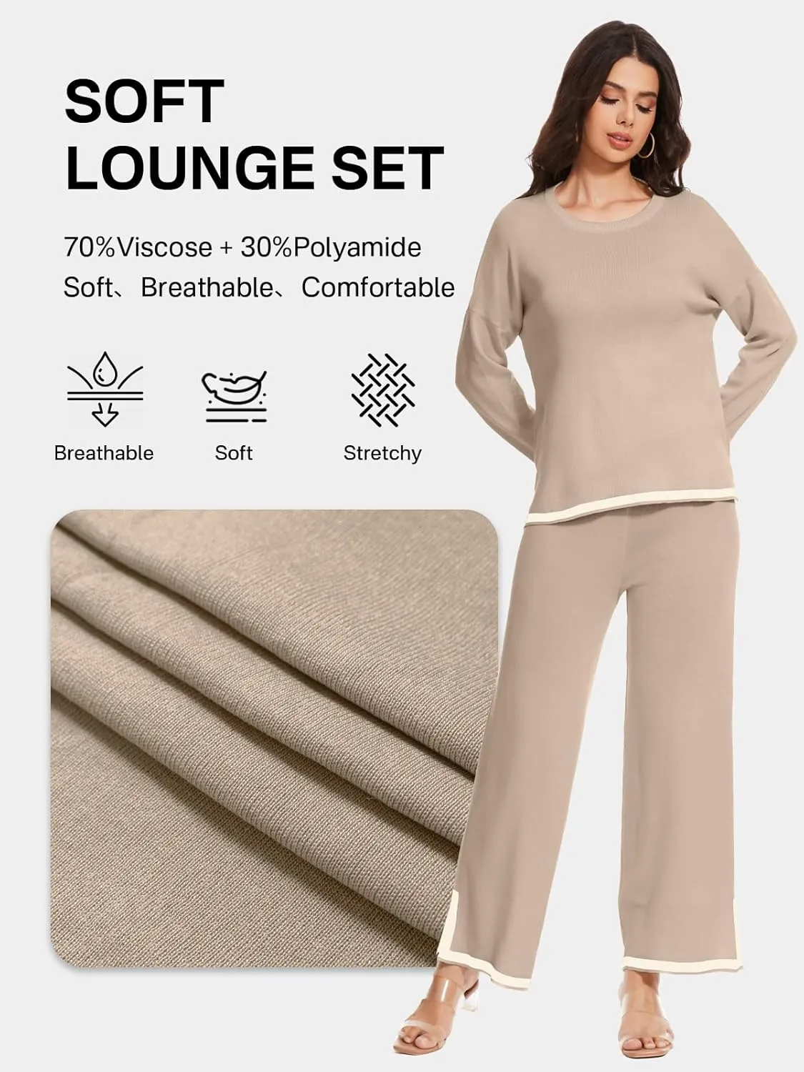 Knit Lounge Sets for Women Petite Long Sweater Pajama Sets Sweatsuits 2 Piece Sets Casual Tracksuit Travel Outfits