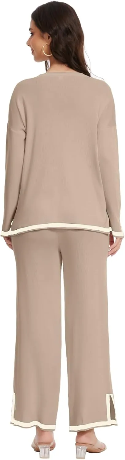 Knit Lounge Sets for Women Petite Long Sweater Pajama Sets Sweatsuits 2 Piece Sets Casual Tracksuit Travel Outfits
