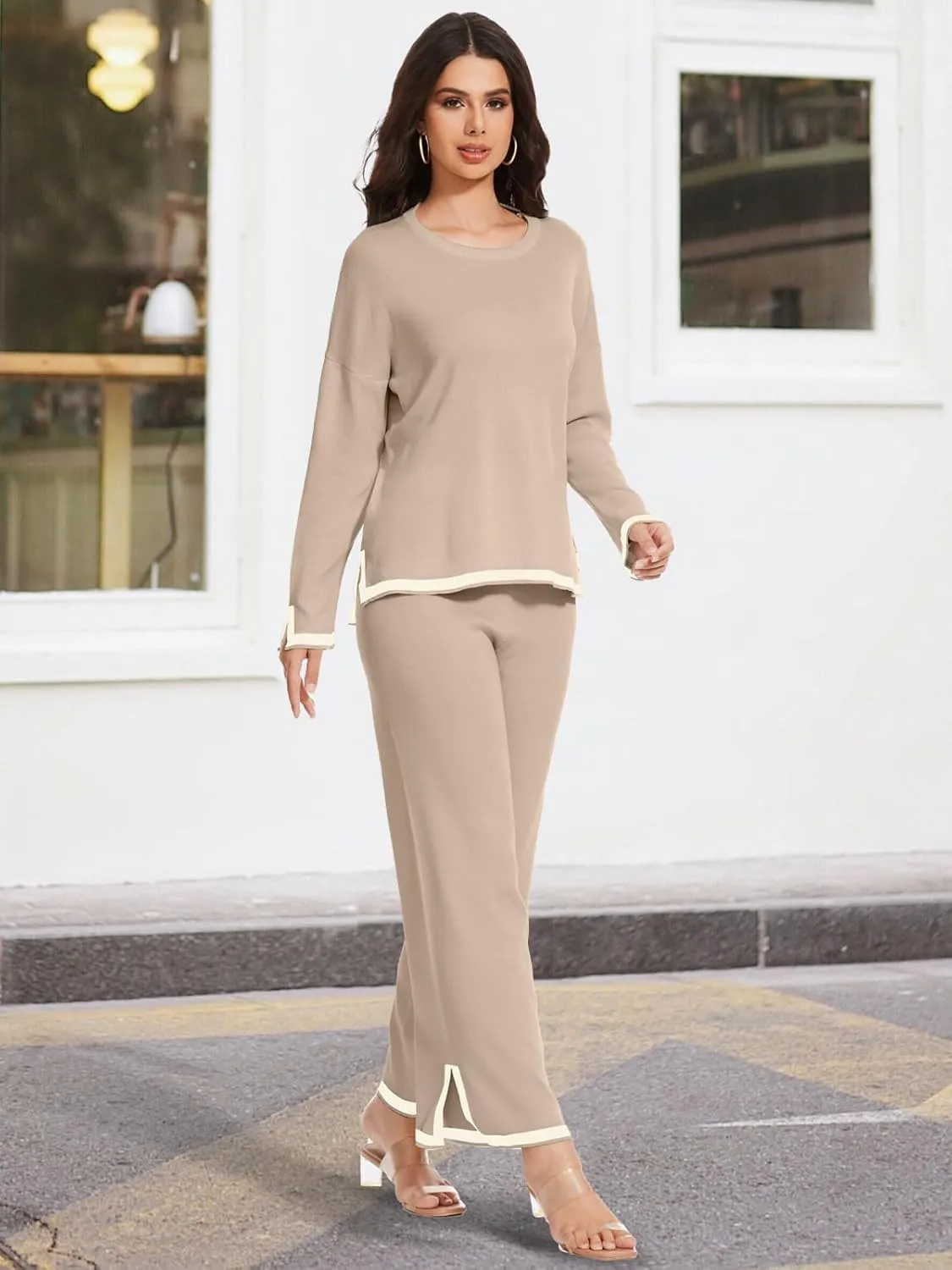 Knit Lounge Sets for Women Petite Long Sweater Pajama Sets Sweatsuits 2 Piece Sets Casual Tracksuit Travel Outfits