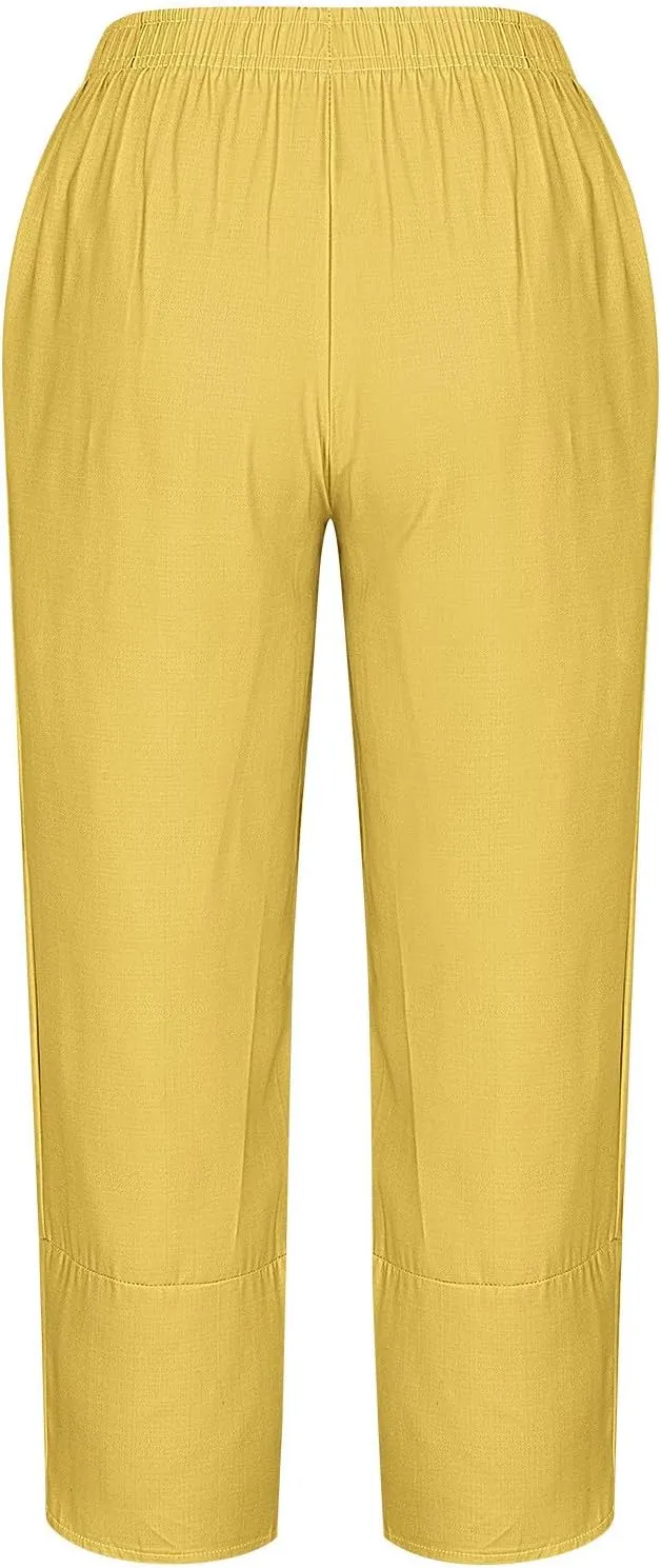 Ladies Casual Harem Trousers Women Linen Cropped Pants Elastic Waist Trouser Straight Leg Chino Bottoms Cosy Jogging