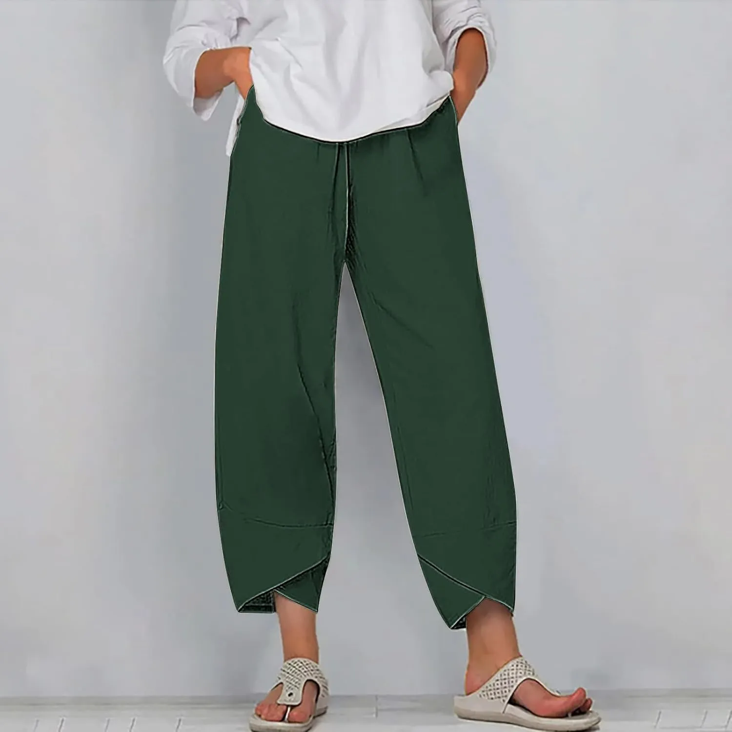 Ladies Casual Harem Trousers Women Linen Cropped Pants Elastic Waist Trouser Straight Leg Chino Bottoms Cosy Jogging