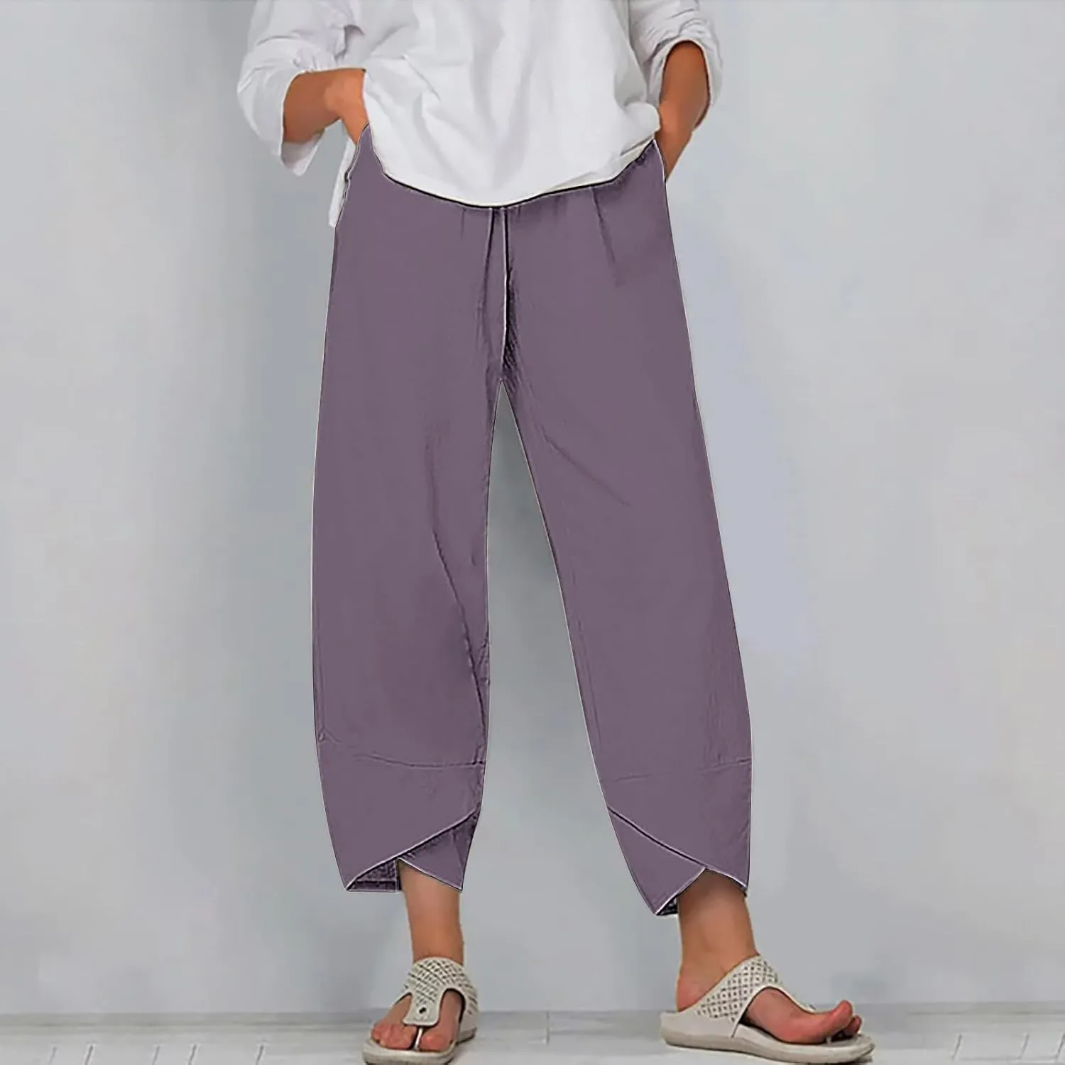 Ladies Casual Harem Trousers Women Linen Cropped Pants Elastic Waist Trouser Straight Leg Chino Bottoms Cosy Jogging