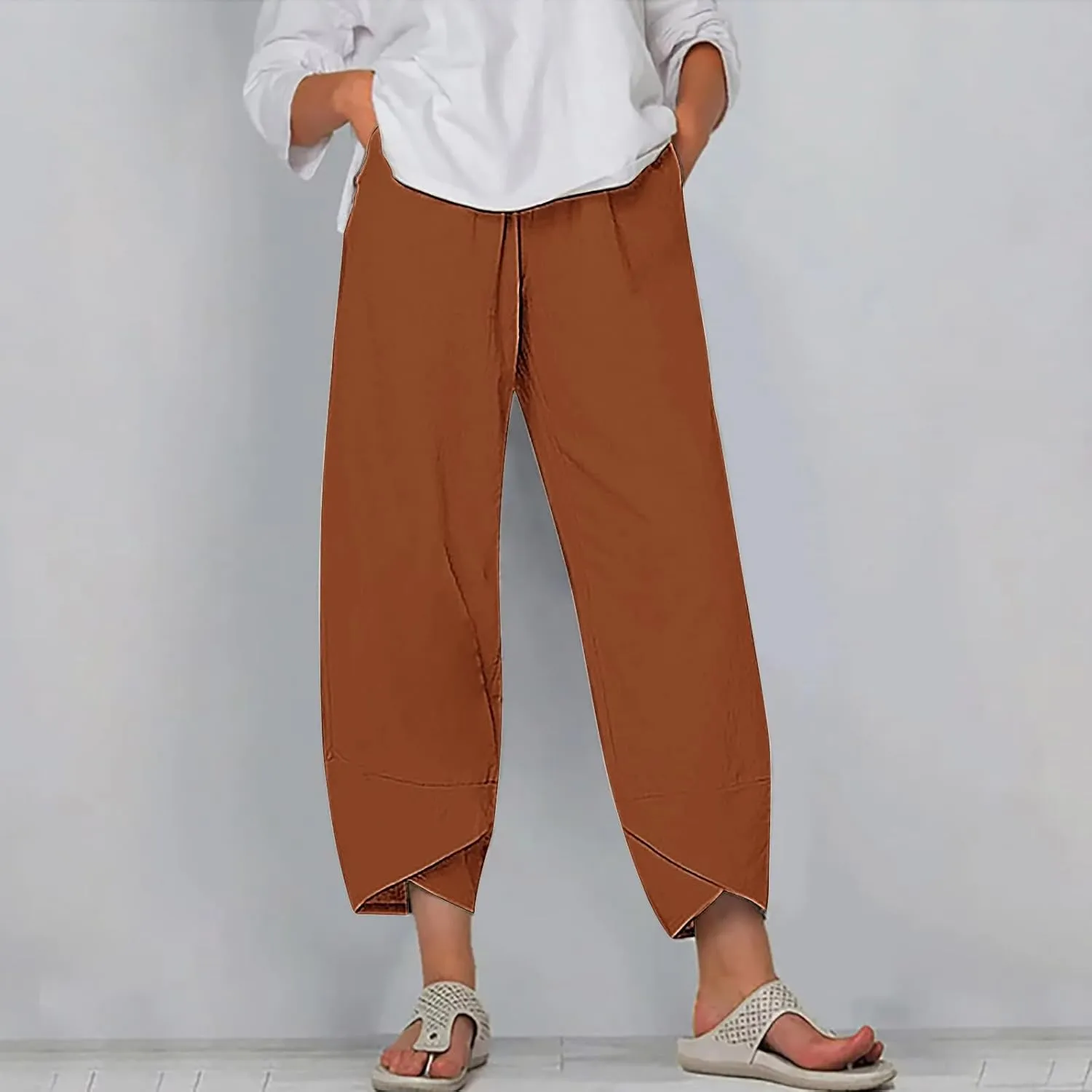 Ladies Casual Harem Trousers Women Linen Cropped Pants Elastic Waist Trouser Straight Leg Chino Bottoms Cosy Jogging