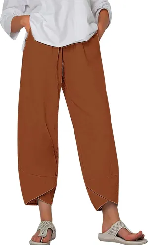 Ladies Casual Harem Trousers Women Linen Cropped Pants Elastic Waist Trouser Straight Leg Chino Bottoms Cosy Jogging