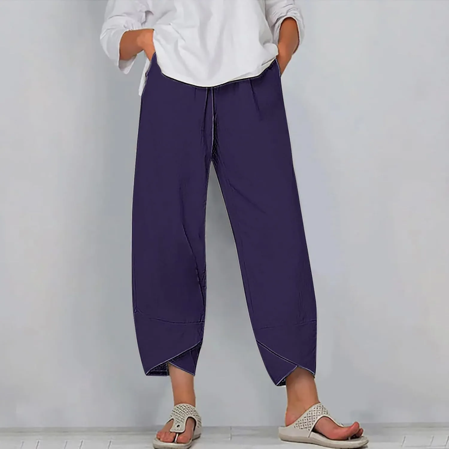 Ladies Casual Harem Trousers Women Linen Cropped Pants Elastic Waist Trouser Straight Leg Chino Bottoms Cosy Jogging