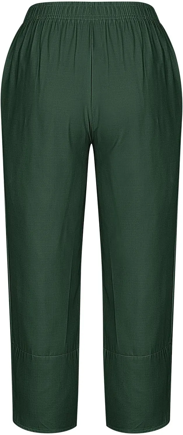 Ladies Casual Harem Trousers Women Linen Cropped Pants Elastic Waist Trouser Straight Leg Chino Bottoms Cosy Jogging