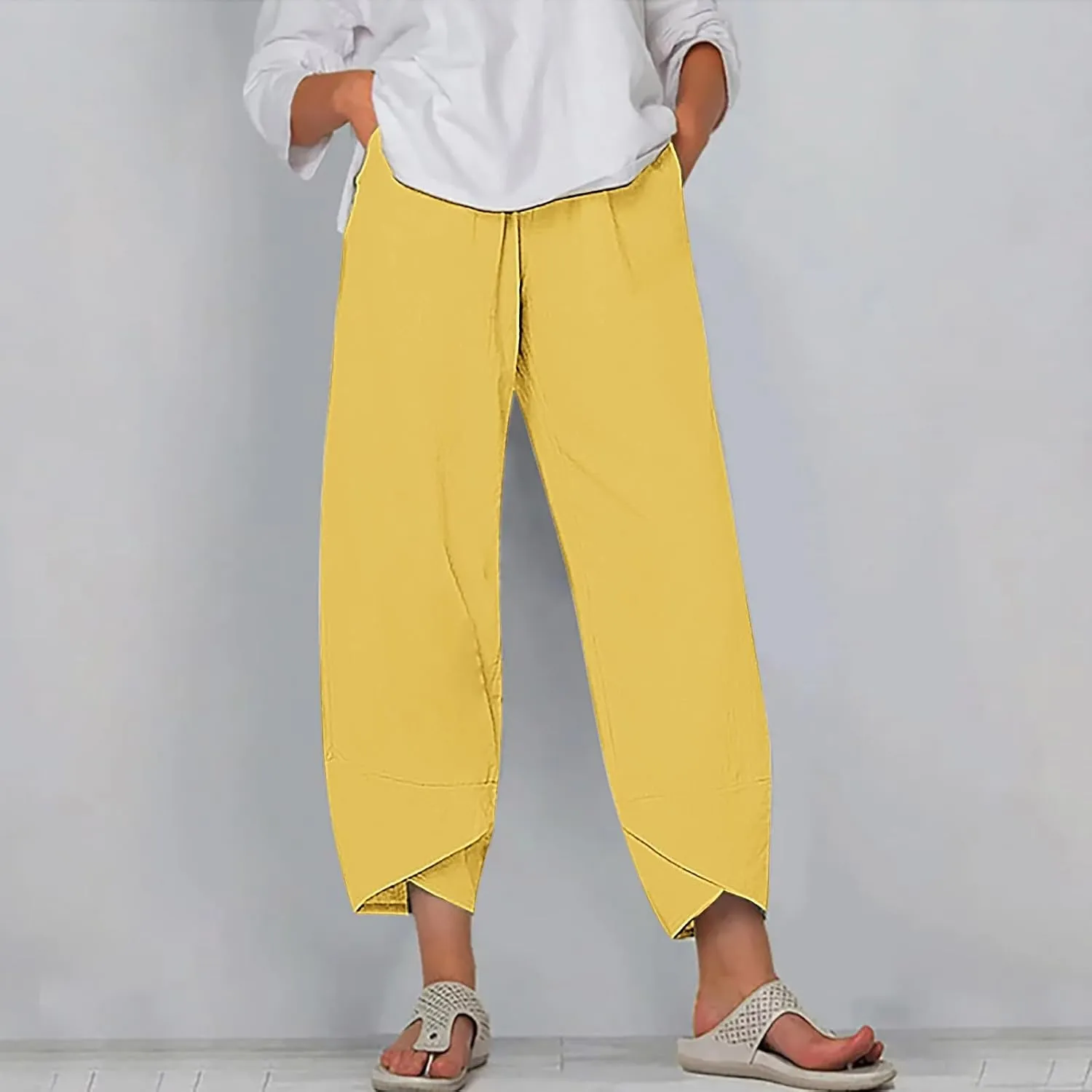 Ladies Casual Harem Trousers Women Linen Cropped Pants Elastic Waist Trouser Straight Leg Chino Bottoms Cosy Jogging
