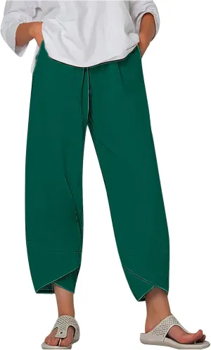 Ladies Casual Harem Trousers Women Linen Cropped Pants Elastic Waist Trouser Straight Leg Chino Bottoms Cosy Jogging