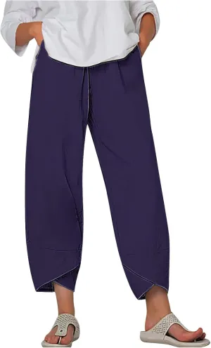 Ladies Casual Harem Trousers Women Linen Cropped Pants Elastic Waist Trouser Straight Leg Chino Bottoms Cosy Jogging