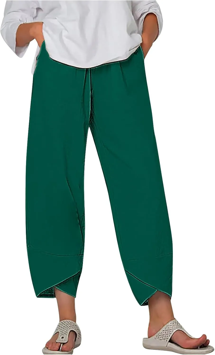 Ladies Casual Harem Trousers Women Linen Cropped Pants Elastic Waist Trouser Straight Leg Chino Bottoms Cosy Jogging