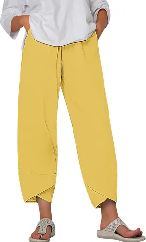 Ladies Casual Harem Trousers Women Linen Cropped Pants Elastic Waist Trouser Straight Leg Chino Bottoms Cosy Jogging