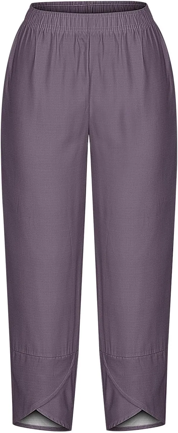 Ladies Casual Harem Trousers Women Linen Cropped Pants Elastic Waist Trouser Straight Leg Chino Bottoms Cosy Jogging