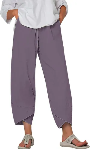 Ladies Casual Harem Trousers Women Linen Cropped Pants Elastic Waist Trouser Straight Leg Chino Bottoms Cosy Jogging