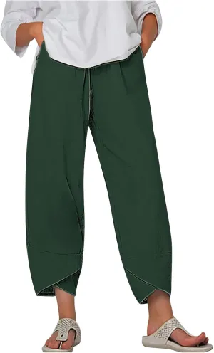 Ladies Casual Harem Trousers Women Linen Cropped Pants Elastic Waist Trouser Straight Leg Chino Bottoms Cosy Jogging
