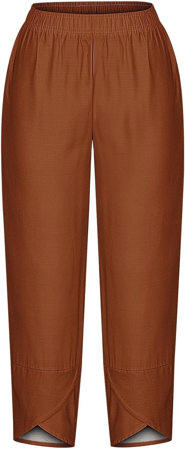 Ladies Casual Harem Trousers Women Linen Cropped Pants Elastic Waist Trouser Straight Leg Chino Bottoms Cosy Jogging