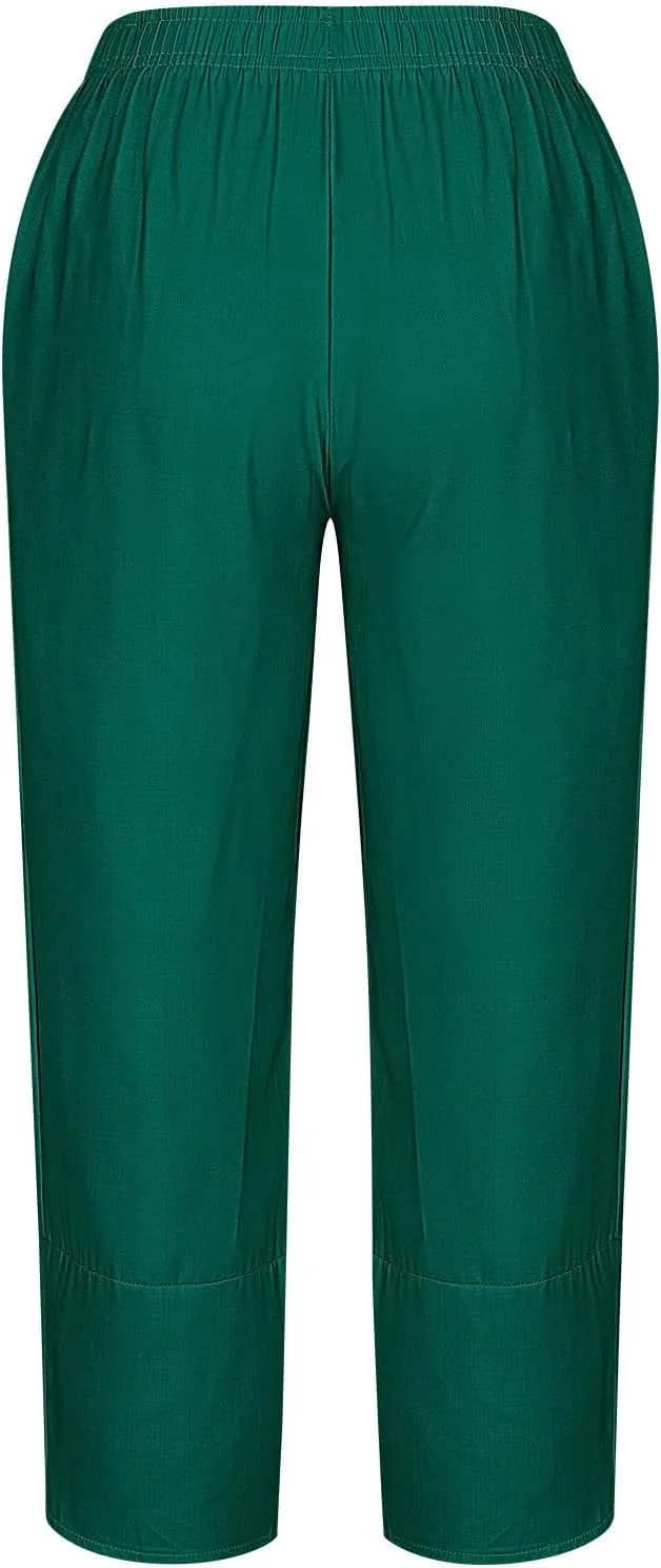 Ladies Casual Harem Trousers Women Linen Cropped Pants Elastic Waist Trouser Straight Leg Chino Bottoms Cosy Jogging