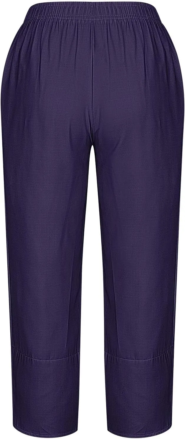 Ladies Casual Harem Trousers Women Linen Cropped Pants Elastic Waist Trouser Straight Leg Chino Bottoms Cosy Jogging