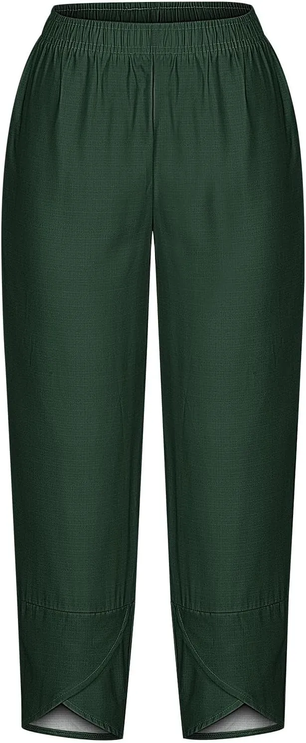 Ladies Casual Harem Trousers Women Linen Cropped Pants Elastic Waist Trouser Straight Leg Chino Bottoms Cosy Jogging