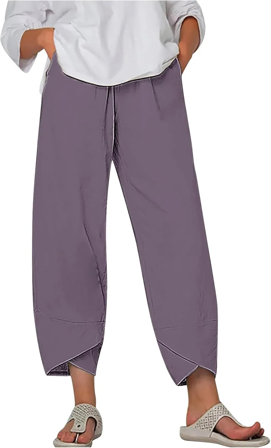 Ladies Casual Harem Trousers Women Linen Cropped Pants Elastic Waist Trouser Straight Leg Chino Bottoms Cosy Jogging