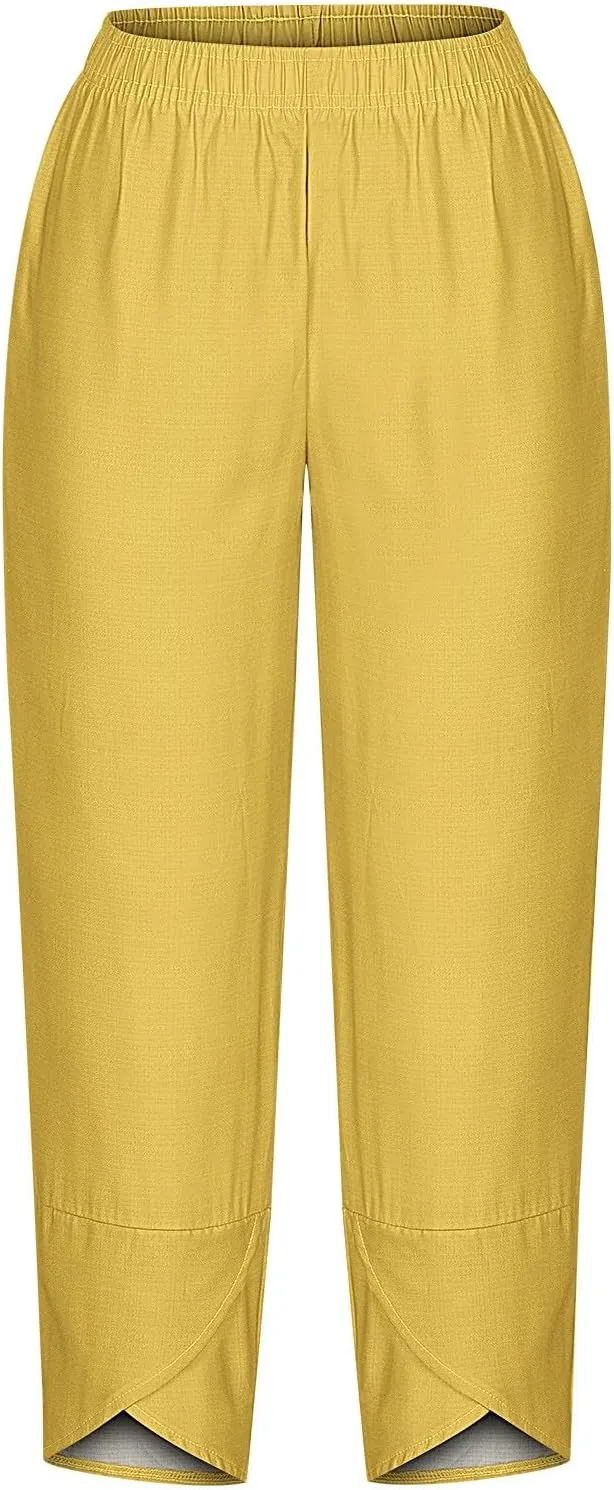 Ladies Casual Harem Trousers Women Linen Cropped Pants Elastic Waist Trouser Straight Leg Chino Bottoms Cosy Jogging