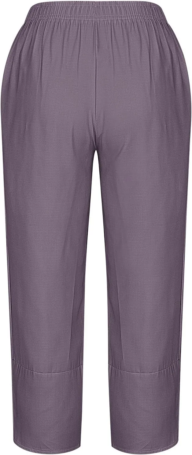 Ladies Casual Harem Trousers Women Linen Cropped Pants Elastic Waist Trouser Straight Leg Chino Bottoms Cosy Jogging
