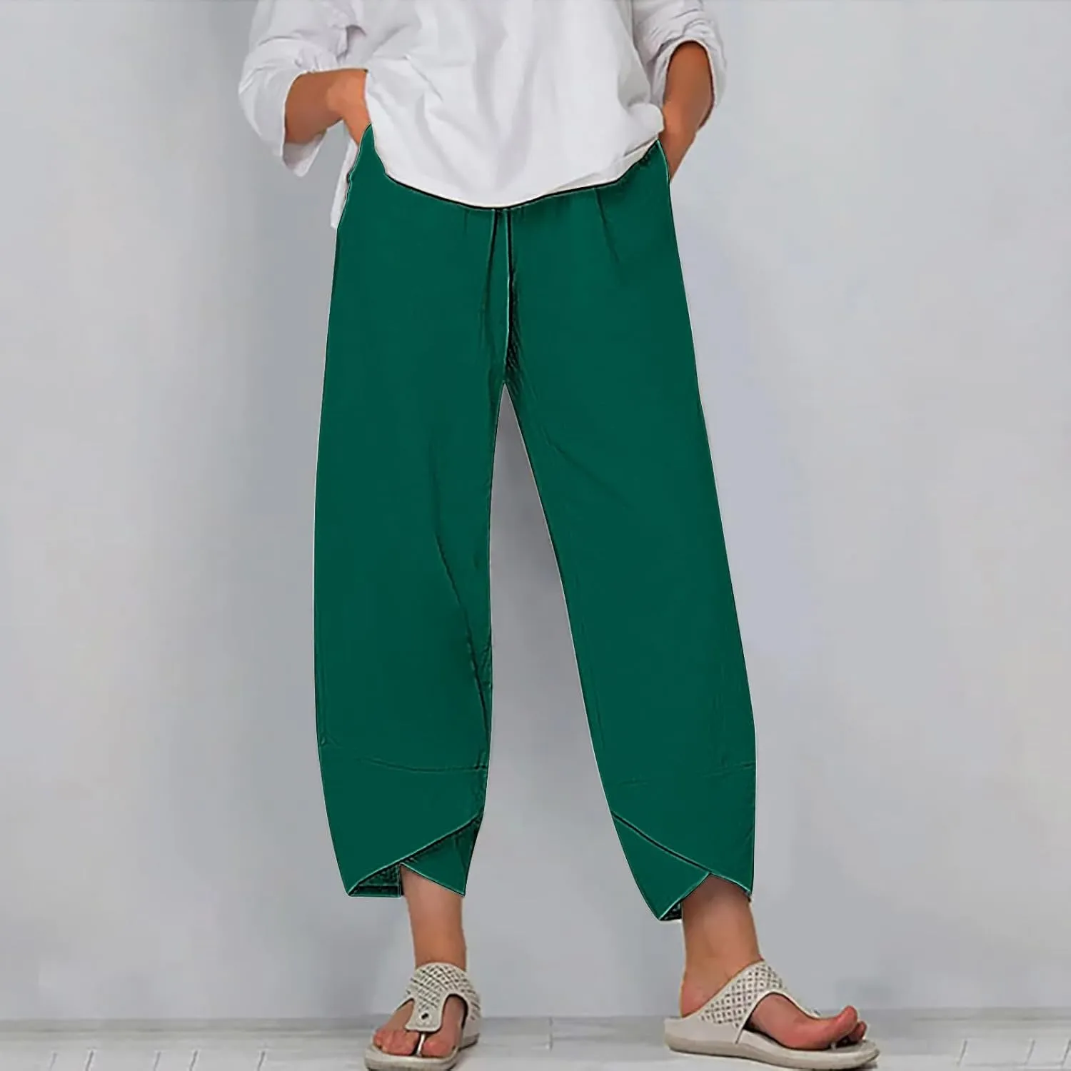 Ladies Casual Harem Trousers Women Linen Cropped Pants Elastic Waist Trouser Straight Leg Chino Bottoms Cosy Jogging